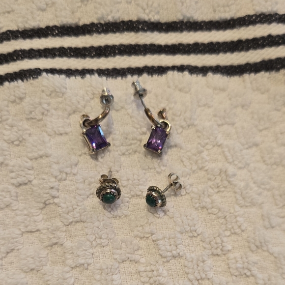 Elegant Sterling Silver Amethyst and Malachite Earrings Set - Picture 1 of 2